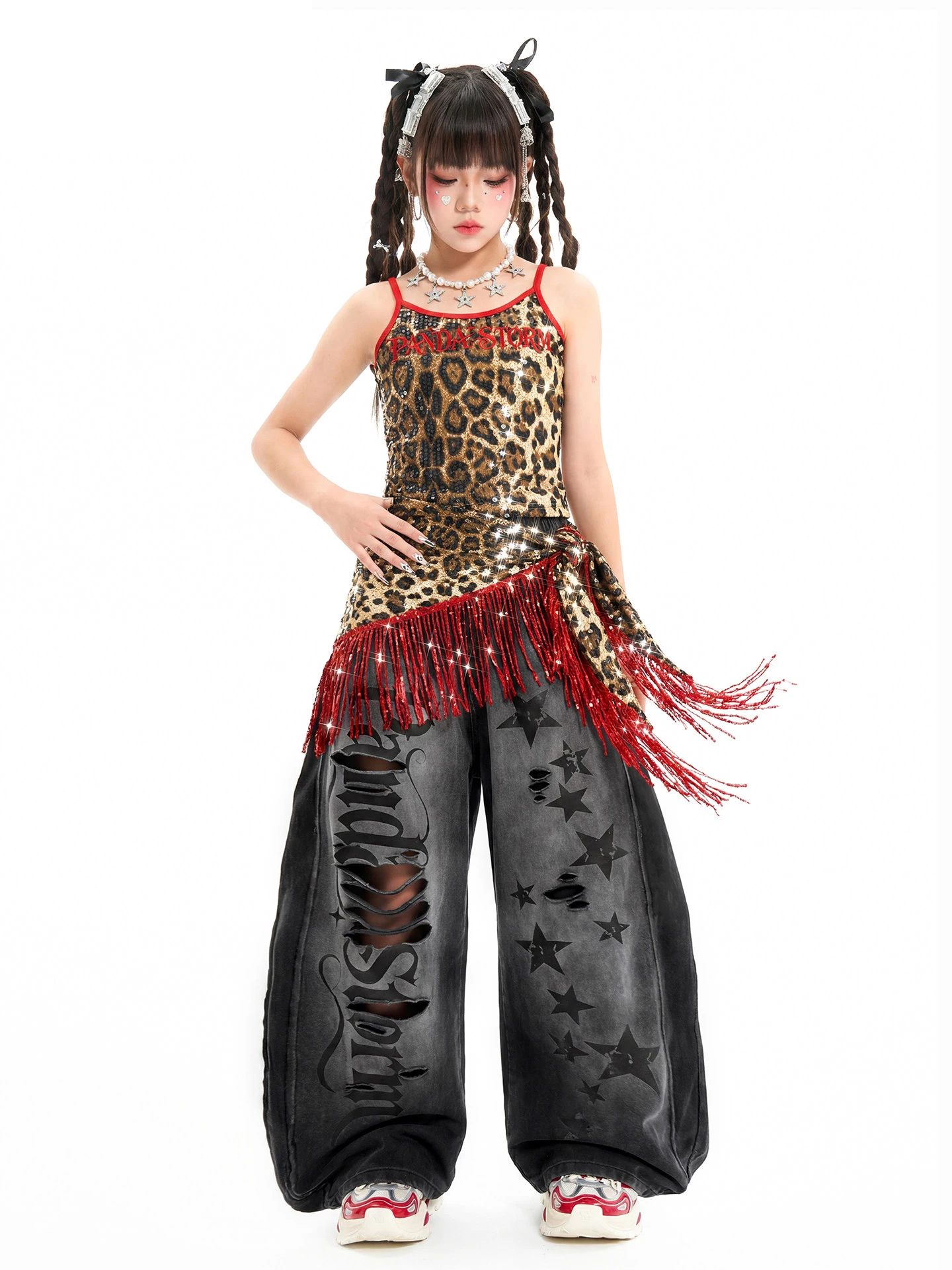 

Girls Leopard Print Top Pants Kpop Performance Costume Jazz Dance Street Dance Hip Hop Clothing Team Stage Clothes Wear DN23671