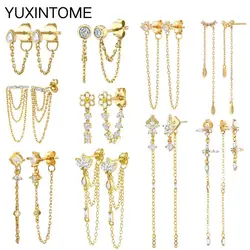 925 Sterling Silver Ear Needle Crystal Long Chain Tassel Stud Earrings For Women Female Party Wedding Jewelry Gift