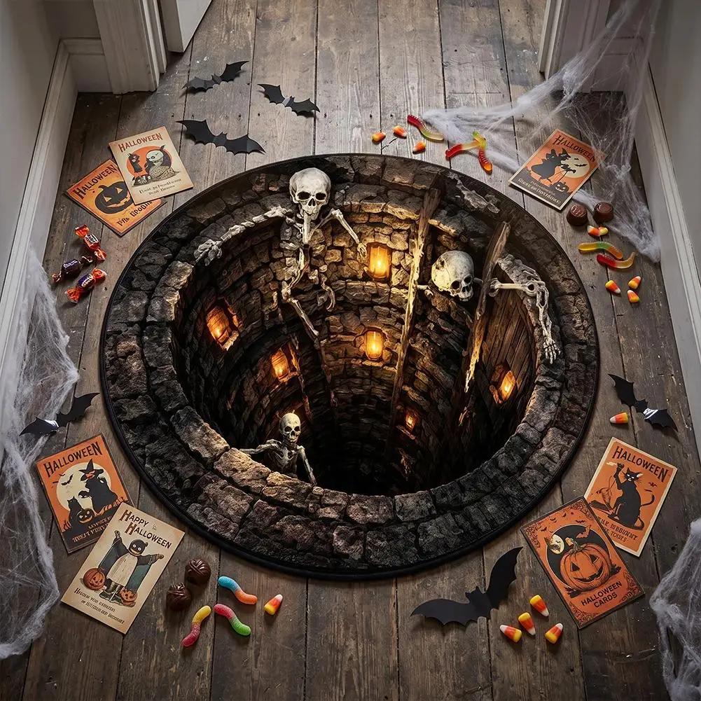 Halloween 3D Spooky Illusion Round Floor Mat Plush Velvet Horror Decor Rug for Bedroom Living Room Party Holiday Halloween Decor