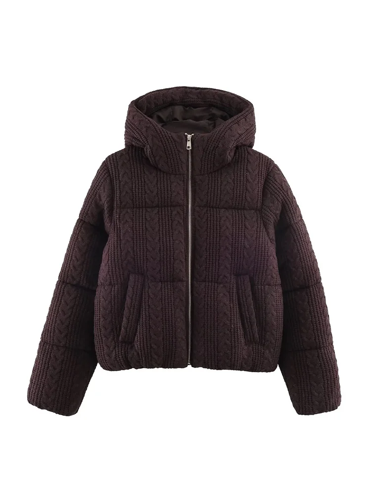 

HH Women Fashion Pockets Knitted Cotton Coat Female Casual Solid Zipper Hooded Eight Strand Weaving Thickened Winter Jacket