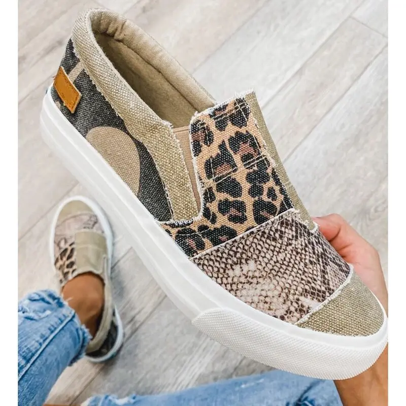 Women Larged-Size Flats 2024 Spring New Leopard Print Ladies Canvas Shoes Dropshipping 35-43 Breathable Female Trendy Sneakers