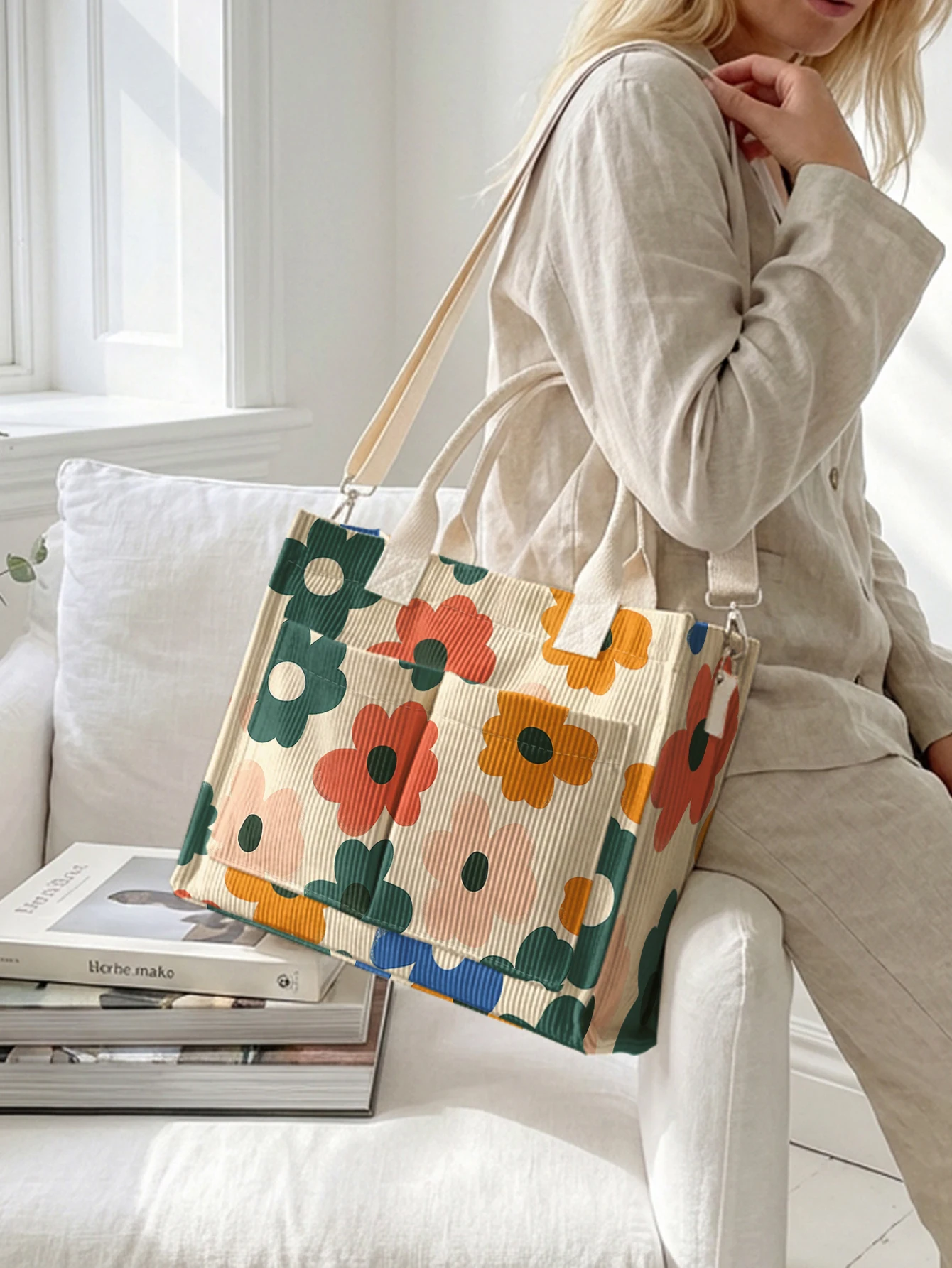 Colorful Retro Floral Print Corduroy Tote Bag Large Capacity Multi Pocket Boho Commuter Shoulder Bag