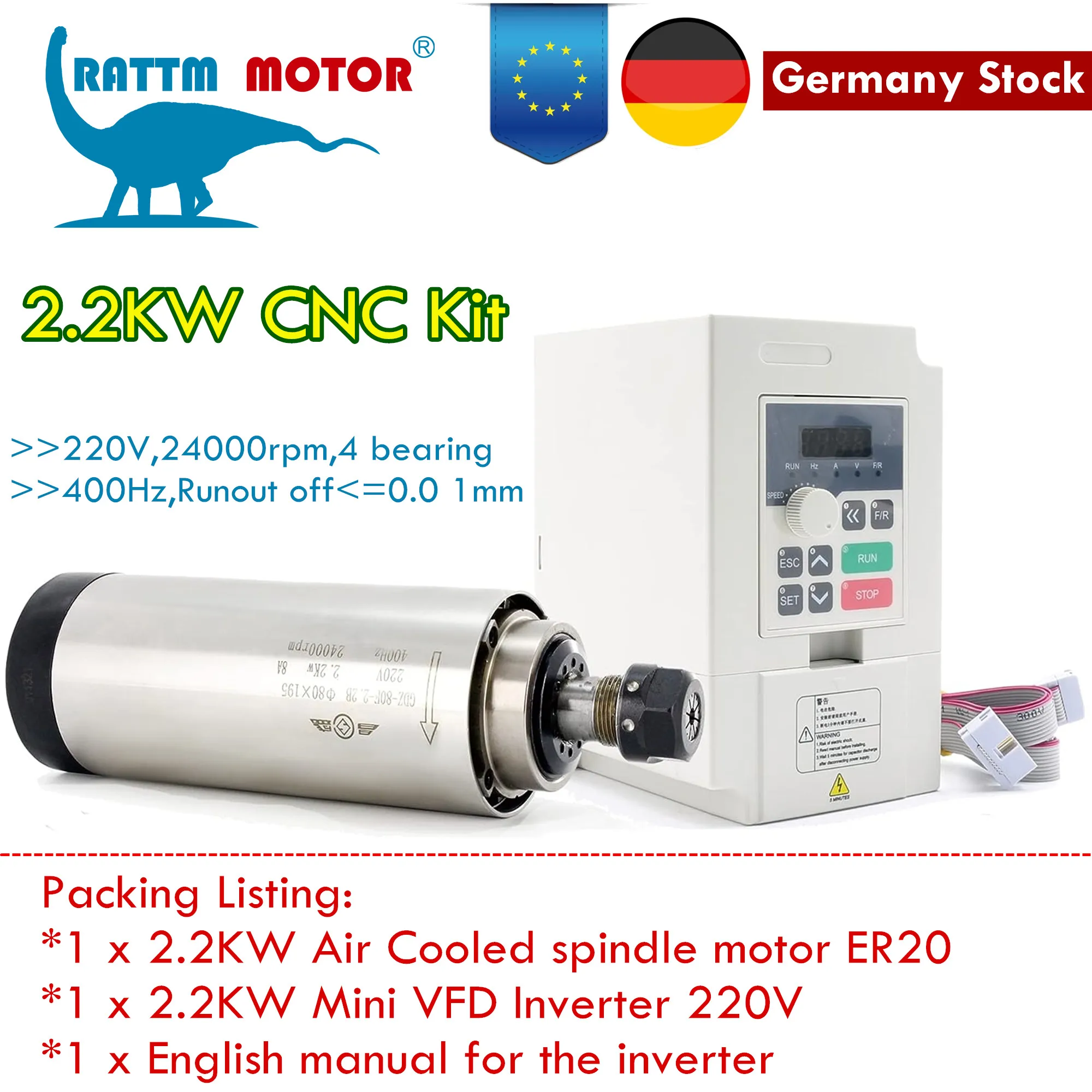 

〖EU Ship〗CNC Milling Spindle Motor 2.2 kw ER20 220v Air Cooling Spindle Motor 2.2kw 80mm Air Cooled 80x195mm 4Bearings Inverter