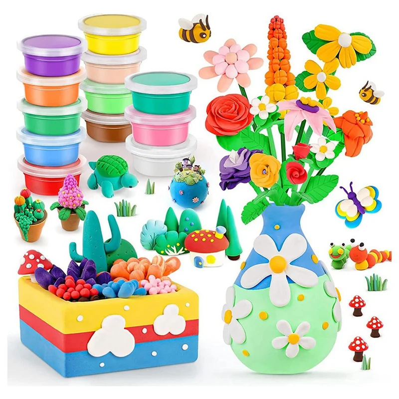 1Set Flower Crafts Kit For Kids Flower Bouquet Modeling Clay Kit Arts And Crafts Air Dry Clay For Girls Boys Ages 6+