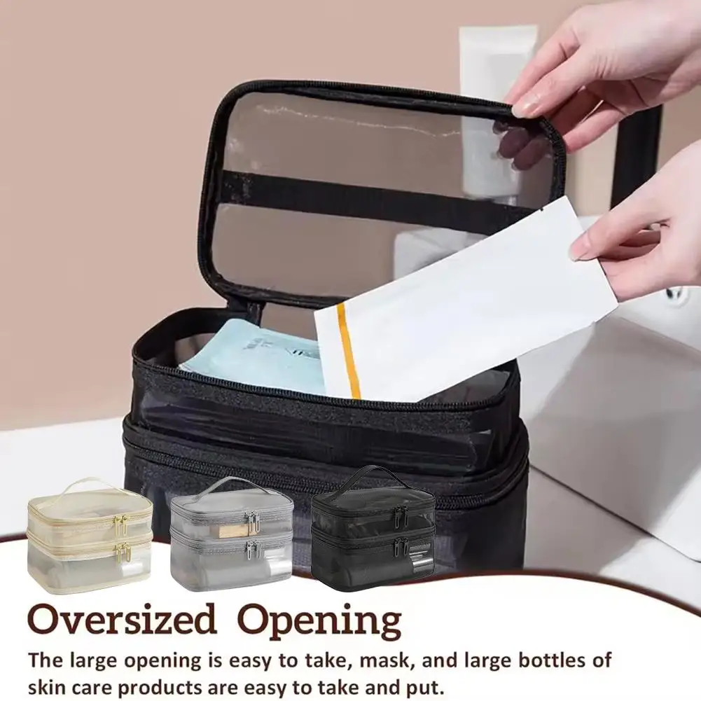 Travel 2 Layers Cosmetic Organizer Bag Transparent Folding Mesh Zipper Storage Pouch Large Capacity Makeup Wash Kit Bag 2026
