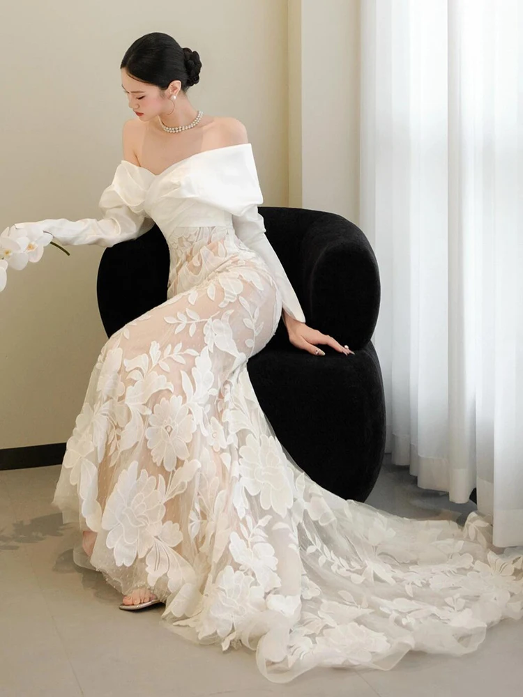 Vestidos de novia de lujo de manga larga con hombros descubiertos, vestido de sirena con forro desnudo para sesión de fotos, vestido de novia elegante de encaje con apliques