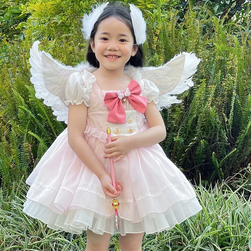 Angel Wings Girls Pink Princess Tutu Outfit Bow Puff Sleeve Kids Halloween Cosplay Birthday Party Costume Flower Girls Dress
