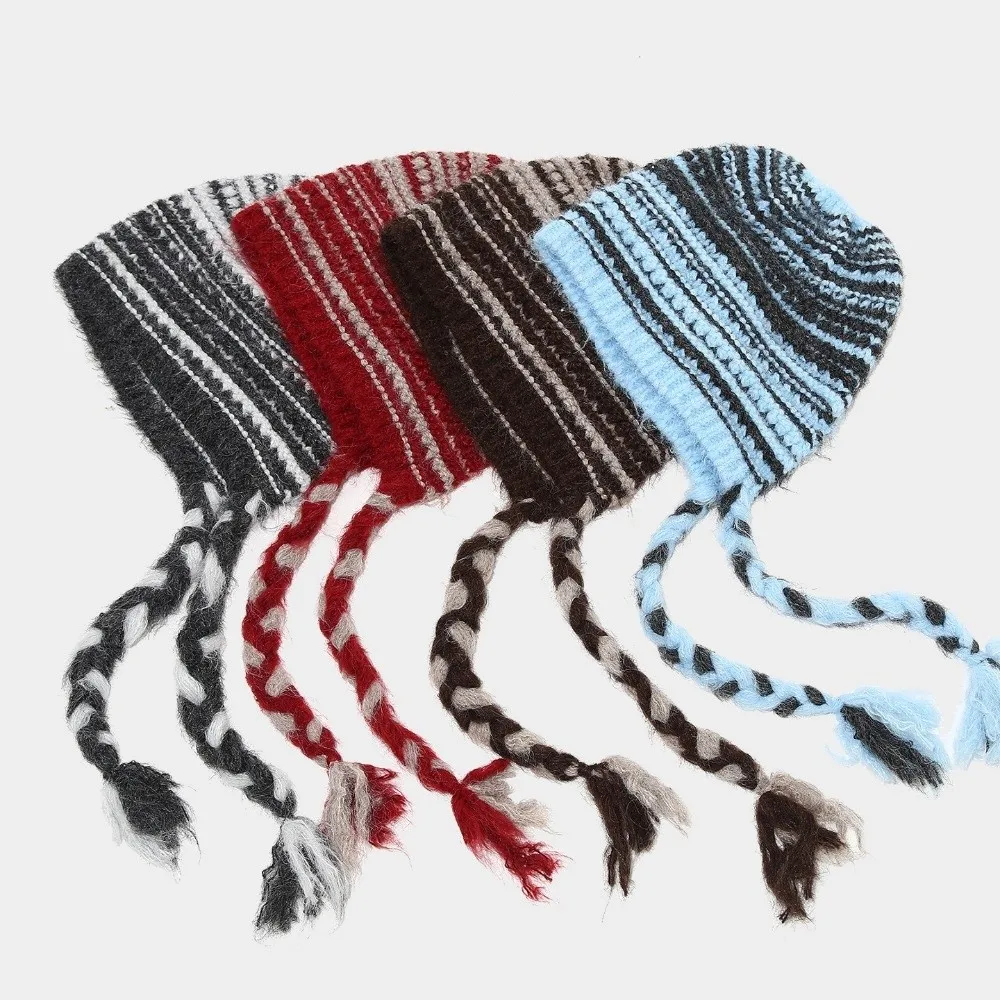 Warm Striped Pompom Beanie Cap Thickened Lined Tassel Ear Hat Windproof Contrasting Color Braid Beanie Hat Autumn