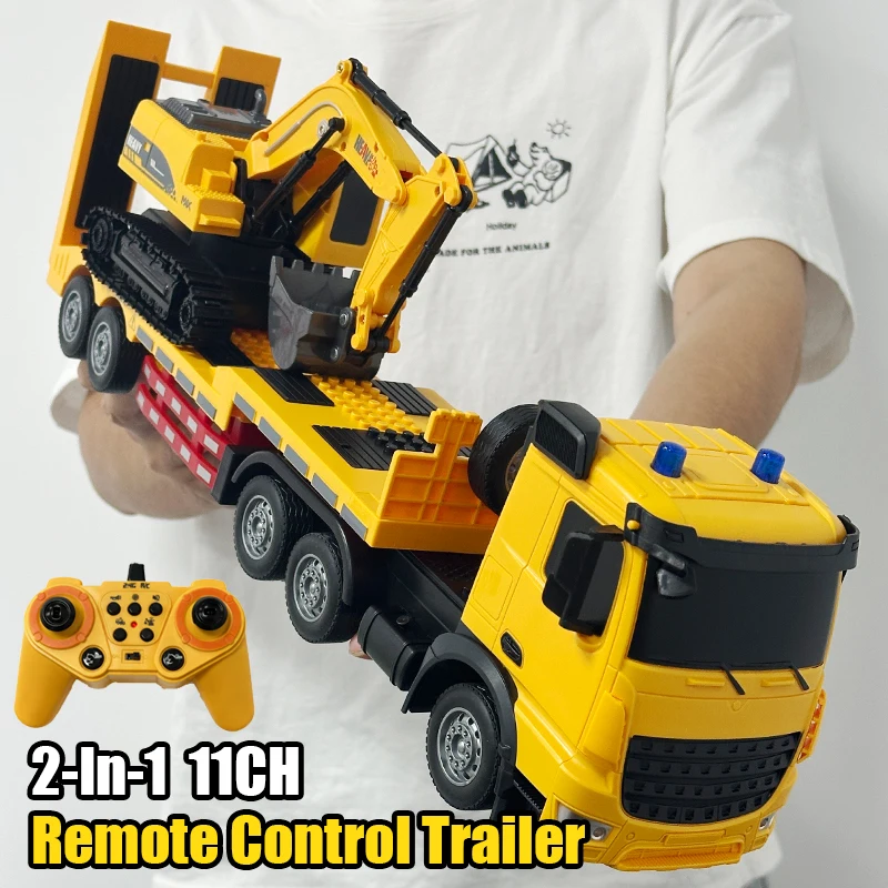 

2 In 1 11CH RC Trailer Flat Trucks Combination Truck Set with Excavator Engineer Vehicle 2.4G Remote Control Car Christmas Gifts