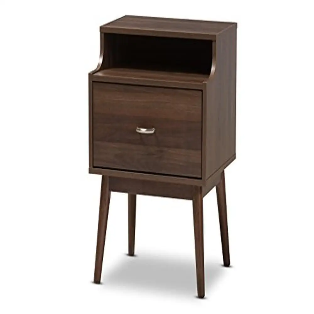 

Modern Walnut Brown Nightstand with Pull Drawer and Tapered Legs