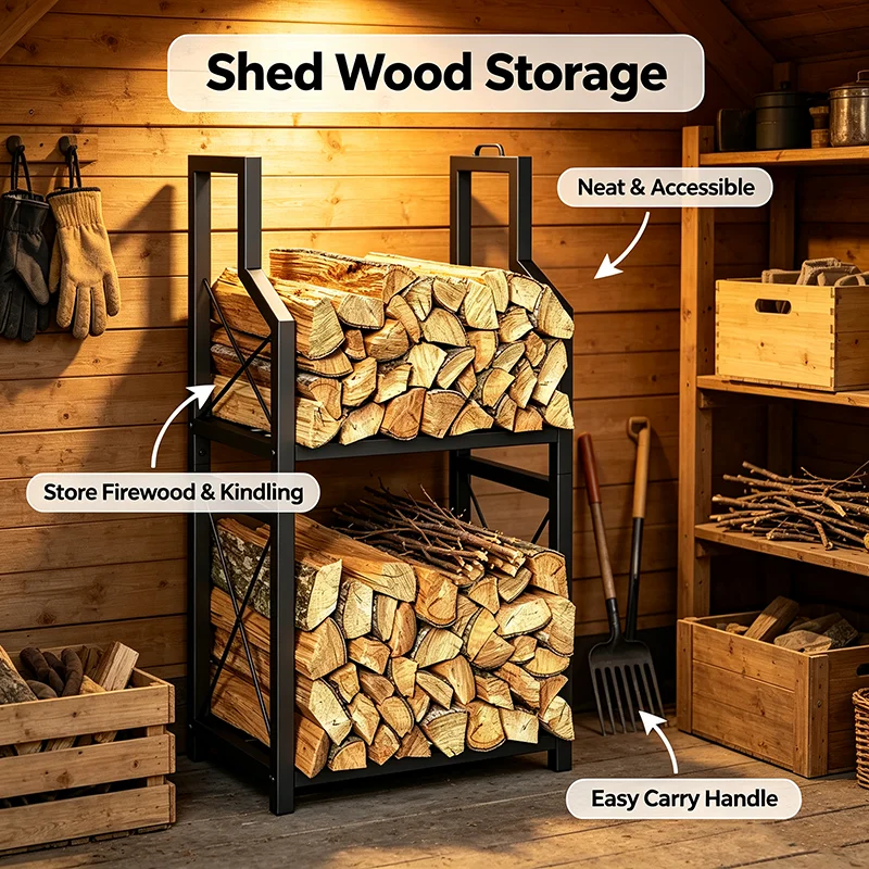 2-Tier Firewood Storage Rack Indoor Outdoor Firewood Storage Holder with Handles Metal Log Stacker for Yard Shed Patio Fireplace