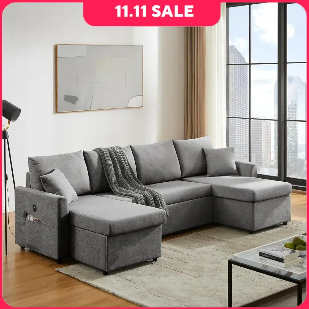 Convertible Sofa with Dual USB-C Charging Removable&Washable Reversible Chaise with Storage & Pockets U Shaped  Sectional Couch