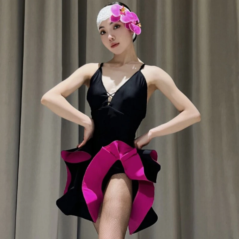 2026 Latin Dance Dress For Women Sexy Black Pink Fishbone Dress Adult Female Salsa Dress Samba Chacha Latin Dance Wear DQS23159