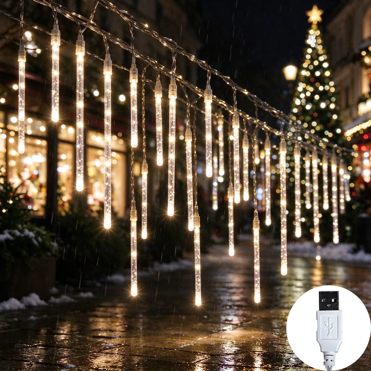 USB Meteor Shower Lights 8 Tubes Waterproof LED Falling Rain Fairy String Lights for Christmas Halloween Garden Party Decor