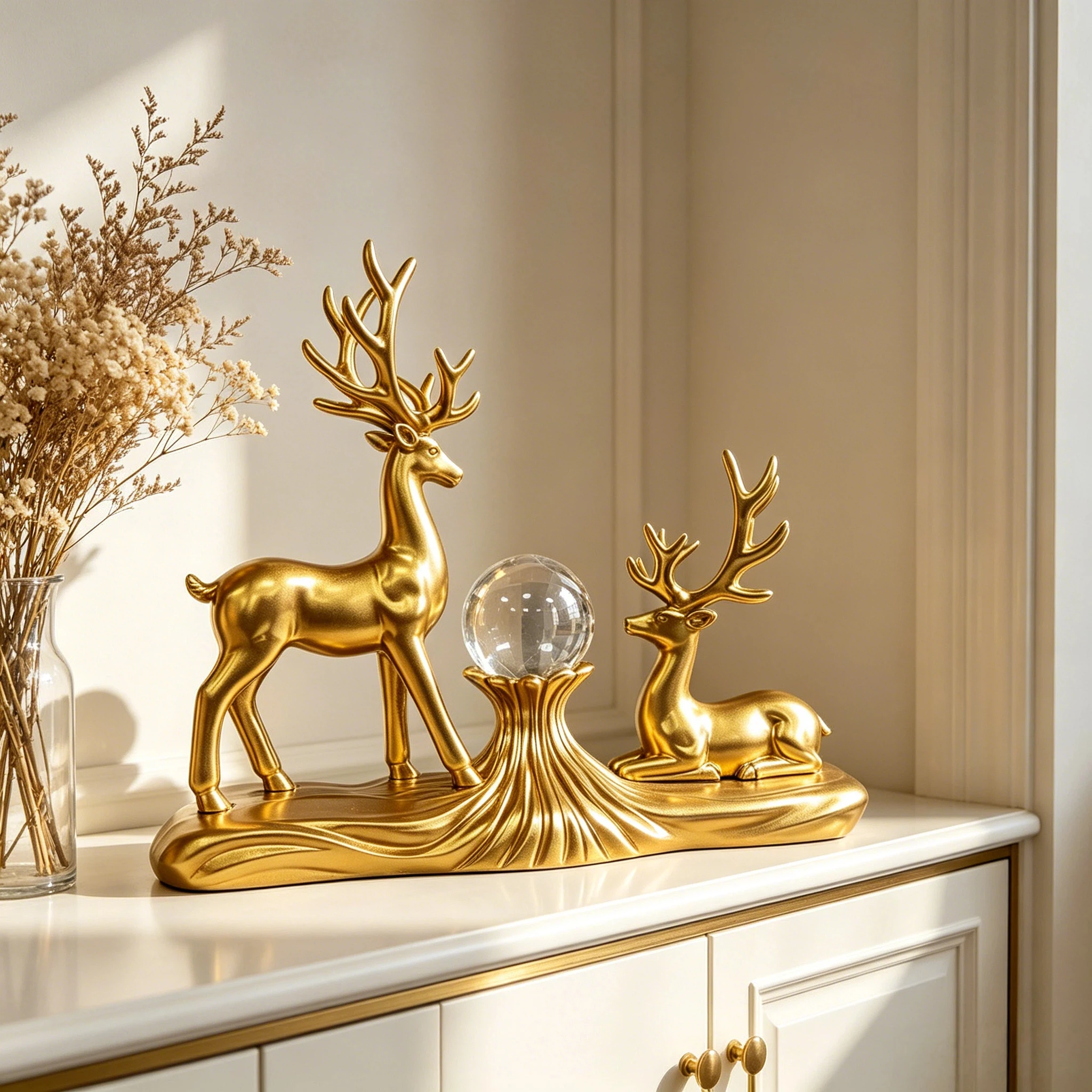 Modern Light Luxury Golden Double Deer Crystal Ball Resin Desktop Ornament, Made of High-Density Sturdy Resin Material, Suitable for Living Room Coffee Table, Study Room, Office Desk Decor. a Customer's Gratitude Gift for Partners, a Decent Gift for Elders to Celebrate Birthdays, Featuring a Double Deer Design That Symbolizes Companionship, Prosperity, and a Bright Future - view 3