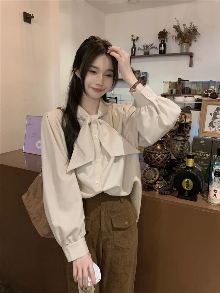 2024 Spring Office Lady Shirts Long Lantern Sleeve Bow Collar Sweet Female Blouses Fashion Women's Basic Shirt Button Fly Blouse