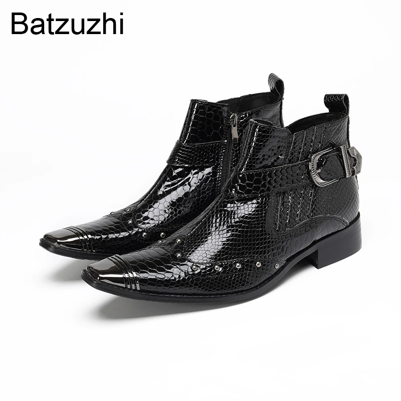 

Batzuzhi Black Red Leather Ankle Boots Man Formal Men's Boots Shoes Low Heels with Metal Toe Party Wedding Boots Man! Big Sizes