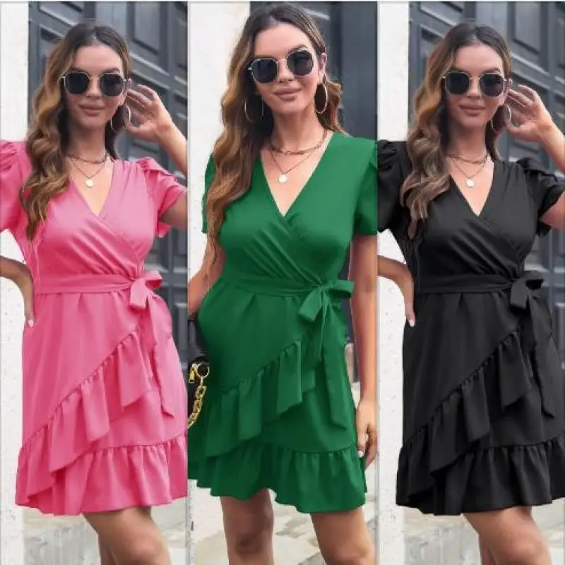 

Summer Dress Women Ruffled Hem Short Sleeve V-neck Solid Color Party Mini Dress