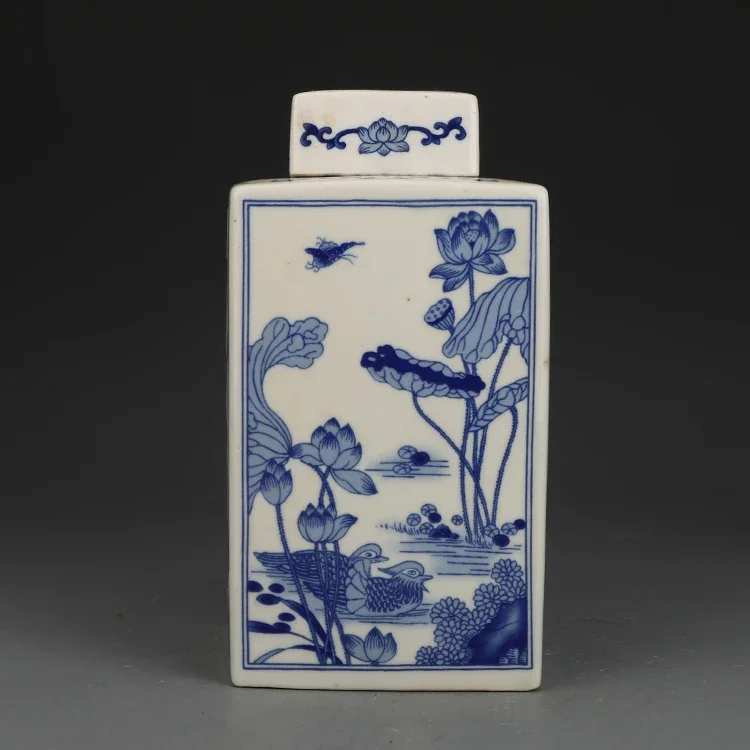 Kangxi Blue And White Flowers And Birds Square Jar Antique Ceramic Collection Ornaments