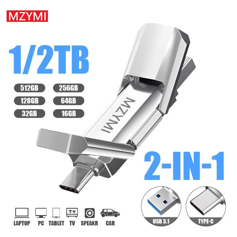 

MZYMI Original Flash Disk USB 3.1 Type-C High-Speed 2 IN 1 Pen Drive 1TB 2TB External Memory Stick Data Storage Device For Phone