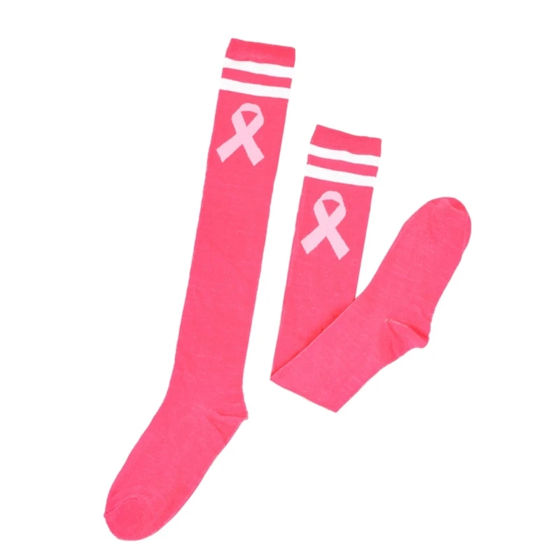 Striped Knee High Socks with Ribbon Breast Health Awareness Over the Calf Socks