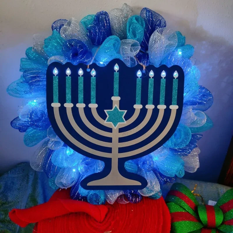 Hanukkah Themed Candle Holder and Wreath with 9 Branches Candles, Perfect for Jewish Festival Decorations and Party Supplies