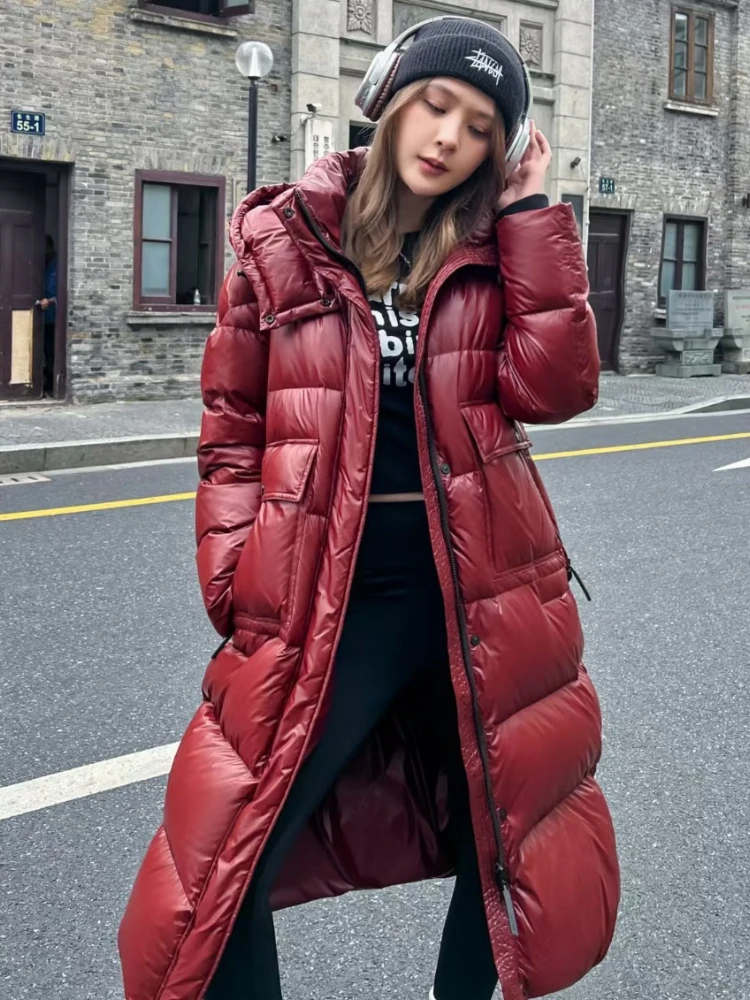 Red Thickened Down Jacket 2025 Winter Bright Face Wash-Free Parker Korean Mid-Length Loose Hooded 90 White Duck Downs Coat Women