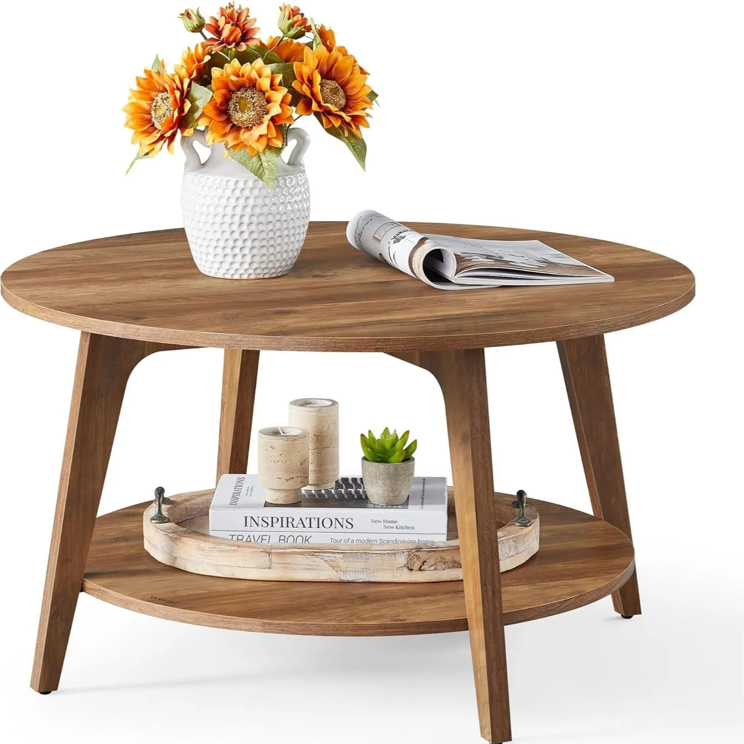 

Круглый журнальный столик медово-коричневого цвета, двухслойный журнальный столик с функцией хранения, подходит для гостиной, легко собирается.