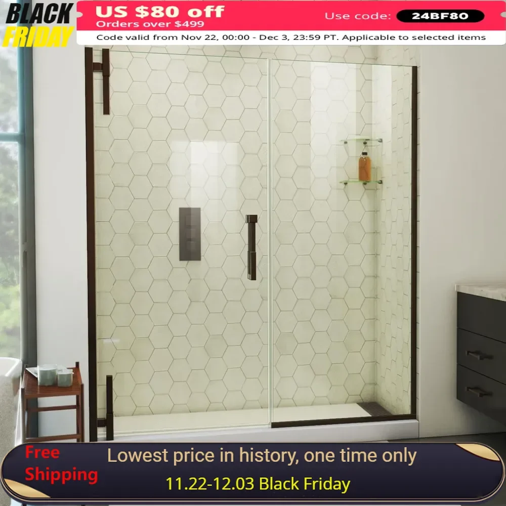 Shower Door, 64-65“ X 72”, Frameless Pivot, Oil Rubbed Bronze, Frameless Pivot, Tempered Glass, Sliding Shower Door