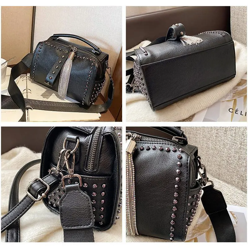 Tassel rivet handbag female crossbody 2024 new large capacity shoulder bag Wide strap Chain tassel design Ladies totes