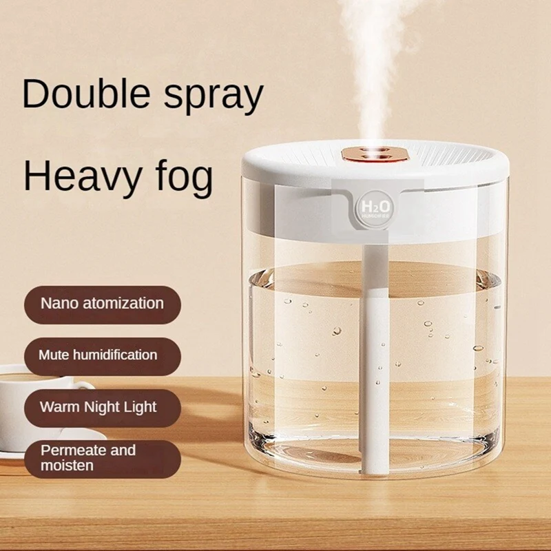 

New 2L Double Spray Humidifier Atomizer USB Large Capacity Home Mute Bedroom Office Night Light Humidifier Easy Install