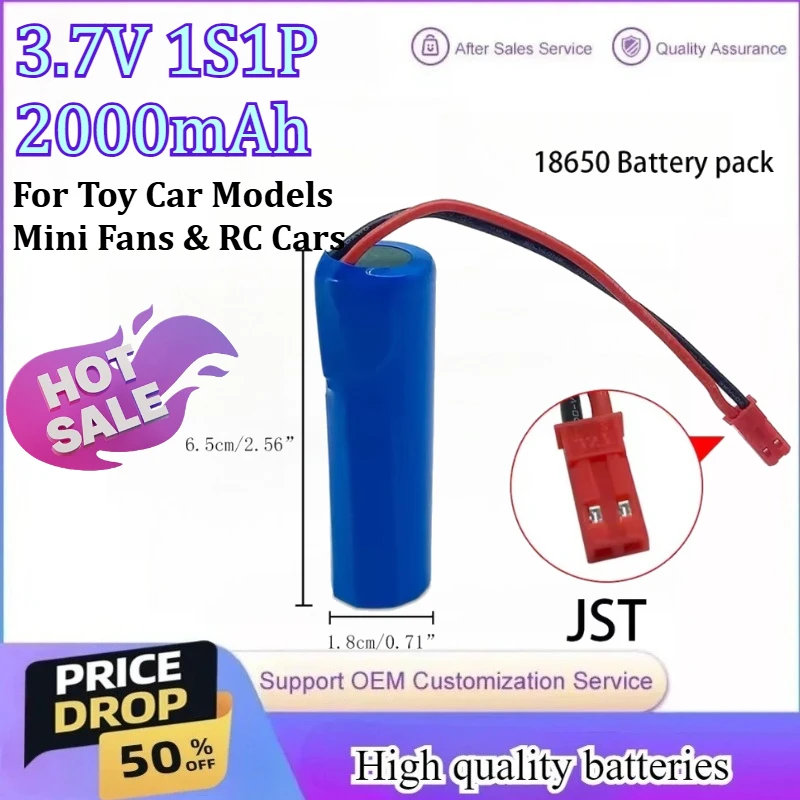 

3.7V 1S1P 2000mAh Lithium Rechargeable Battery 18650 with Replacement Socket Emergency Lighting JST Line for Toy Fans RC Cars