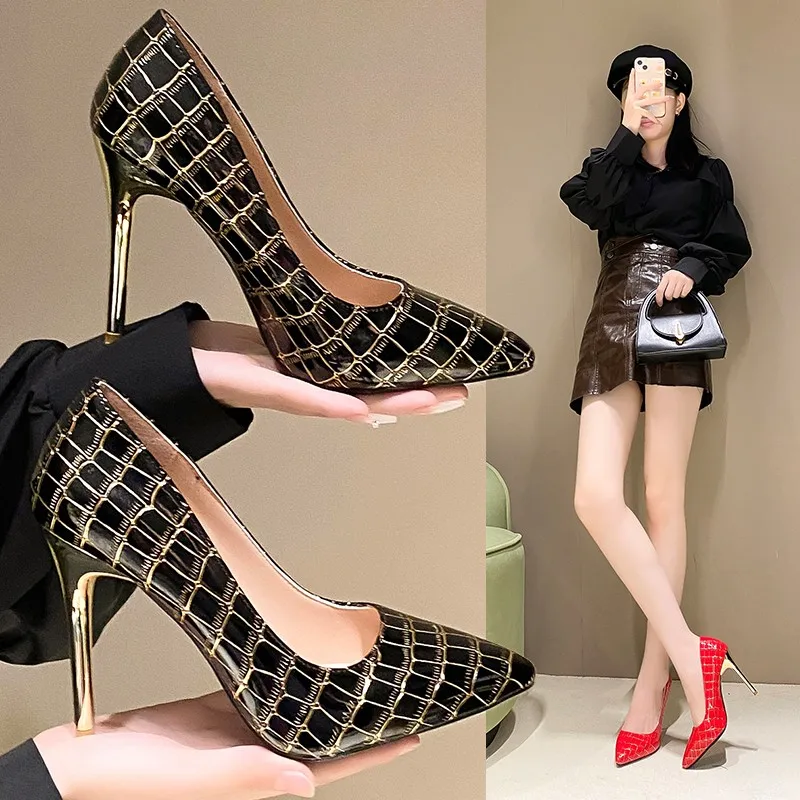 Black Glitter Crocodile Effect Pattern Women Sexy Pointy Toe High Heel Party Shoes 8cm 10cm 12cm Slip On Stiletto Pumps