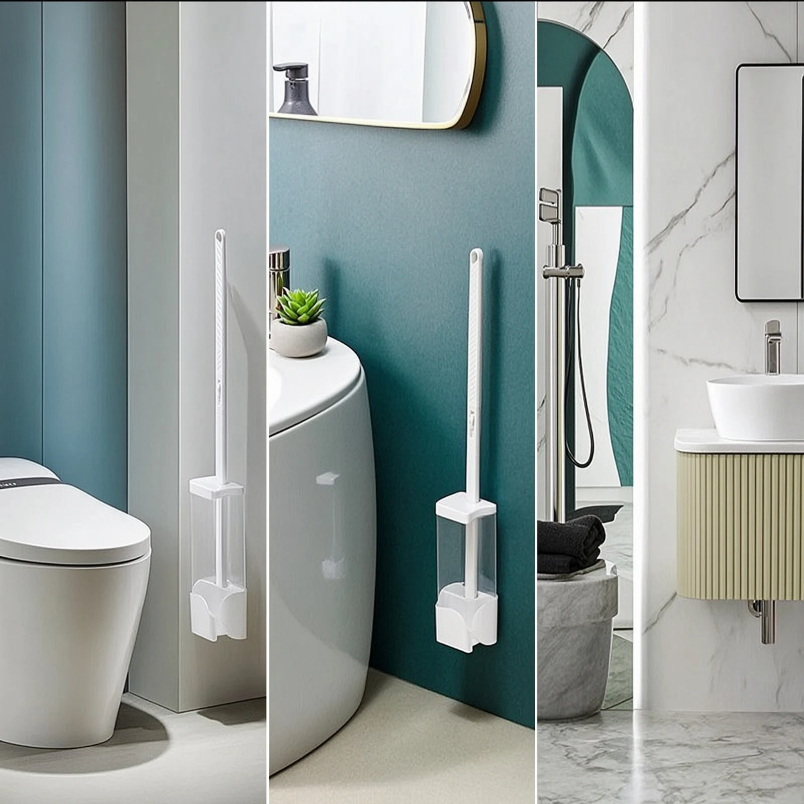 Wall-Mounted Toilet Brush Holder Slim-Profile Toilet Brush with Wall Mount Elegant Sanitary for Renters, Small Bathrooms
