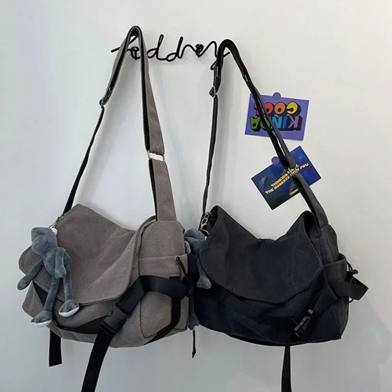 Black/Gray Canvas Crossbody Bags Women Men Fashion Unisex Shoulder Handbags Big Capacity Messenger Bag Female Male School Bag 가방