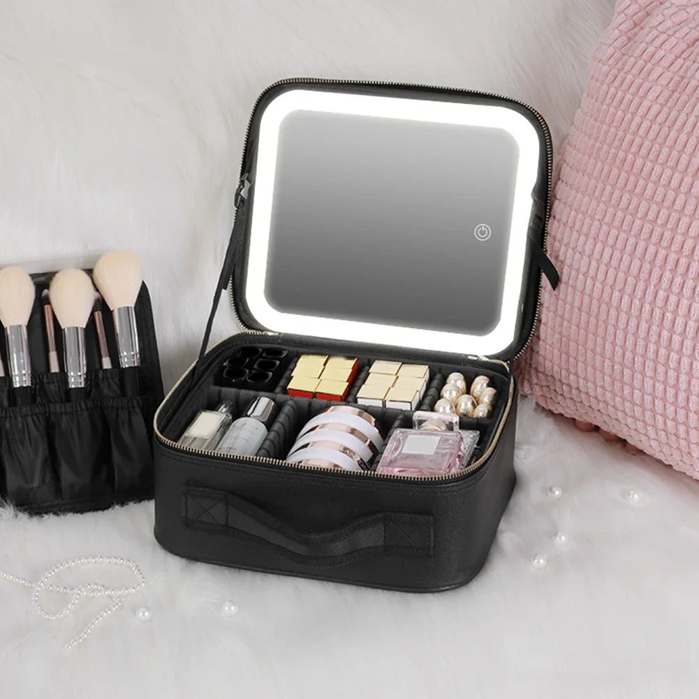 Custodia cosmetica Smart LED borsa per il trucco con specchio scomparto di grande capacità scatola cosmetica da viaggio in pelle PU impermeabile per