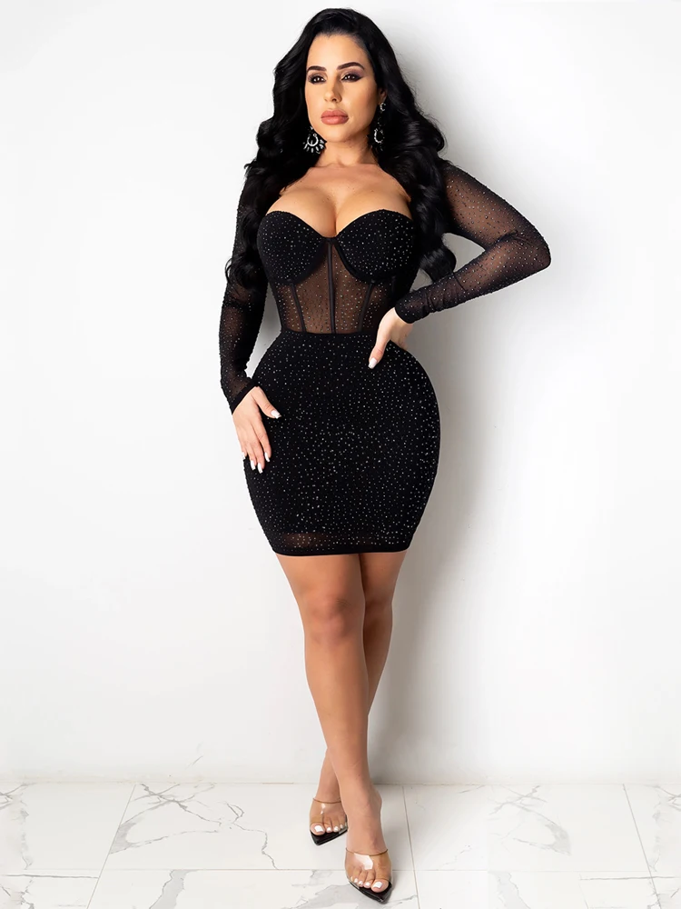 

Solid Color Women's Summer Dress Evening 2024 Sexy Mesh Hot Diamond Woman Clothing Black Long Sleeved Short Dress for Nightclub