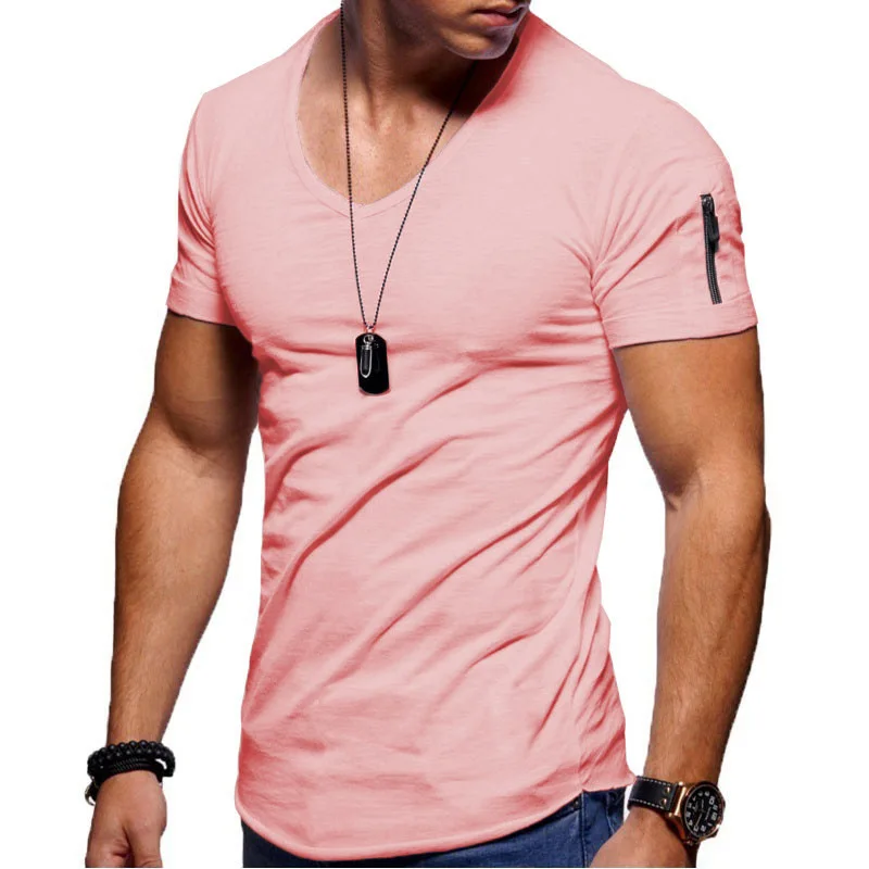 Men\'s V-neck Large Size Casual Short Sleeve T-shirt with Pocket Men Clothing Oversized T Shirt Slim Fit Streetwear 4XL 5XL