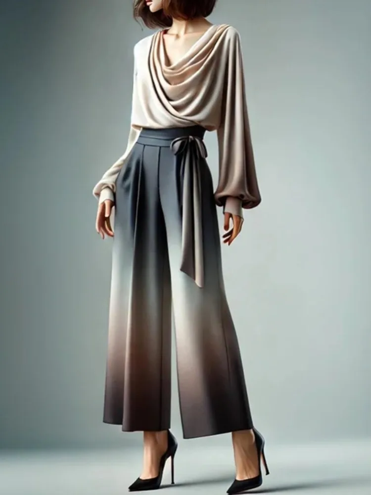 Women Gradient Wide Leg Pants High Waist Tied Waist Pleated Loose Fit Casual Office Commute Daily Trousers
