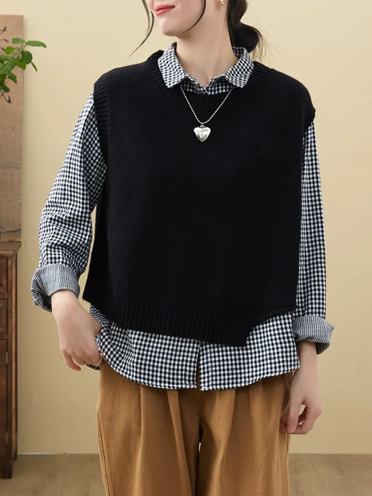 

ort Knitted Knit Vest Women's round Ne Irregular Hem College Sle Spring Autumn Design Layering Sweater Commute Faion