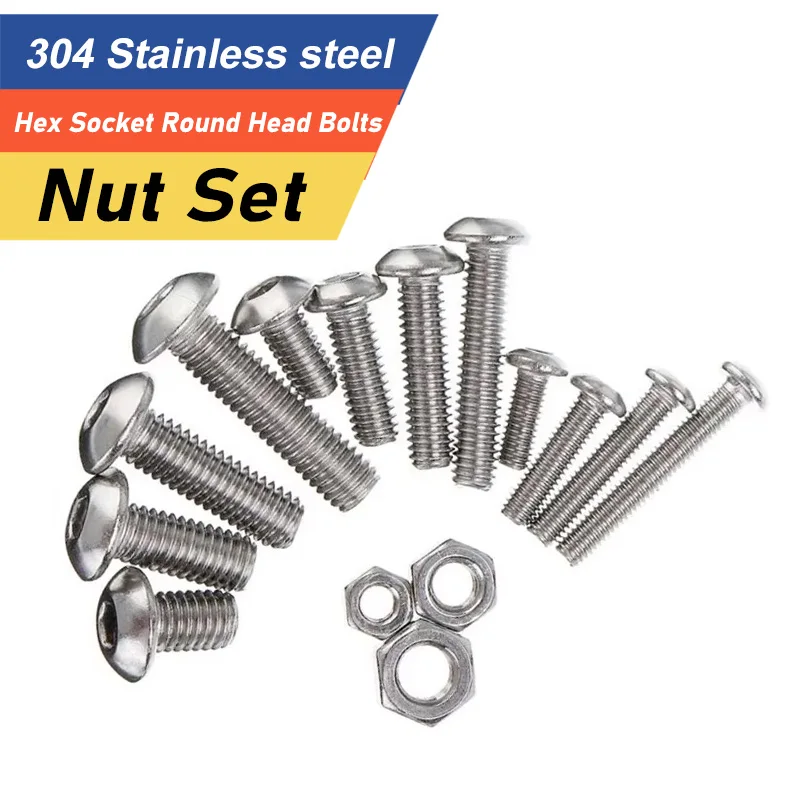 304 Stainless Steel Hex Socket Round Button Head Cap Bolts Nut Set Pan Hexagon Allen Socket Drive Screws Assortment Kit