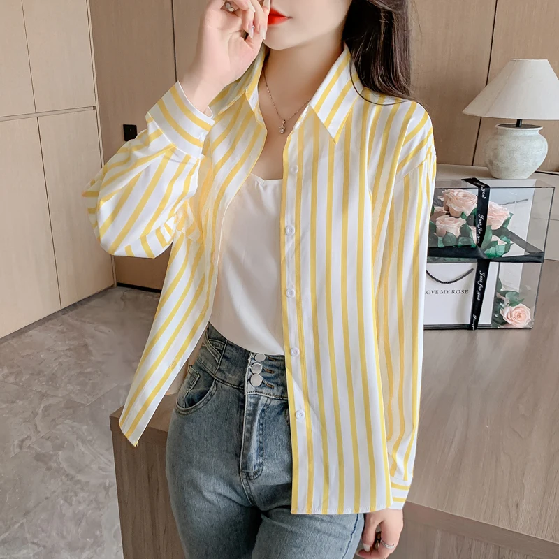 

Spring And Autumn Elegant Women Yellow Striped Casual Loose Shirt Tops Woman Fashion Women Blouses 2025