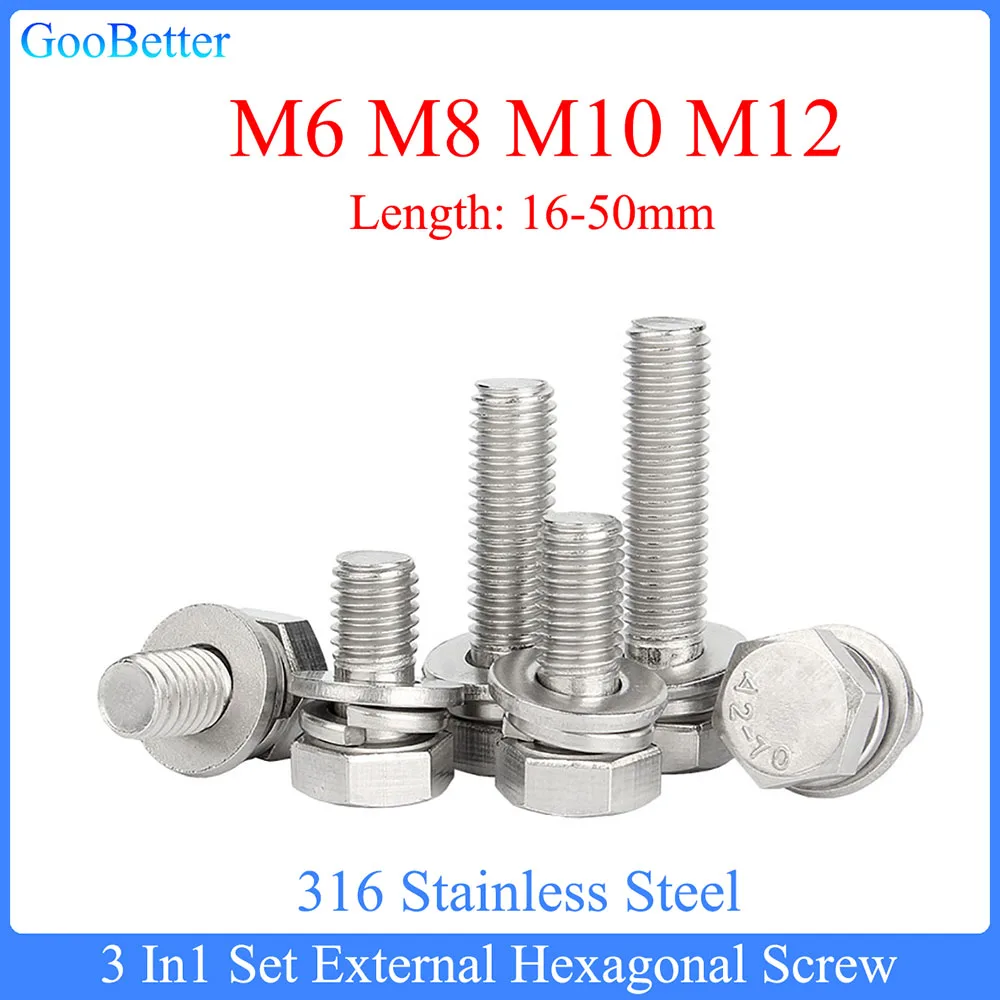 1/2/5Pcs 3 In1 Set External Hexagonal Screw M6 M8 M10 M12 316 Stainless Steel Hexagon Bolt And Spring Washers Combination Screw