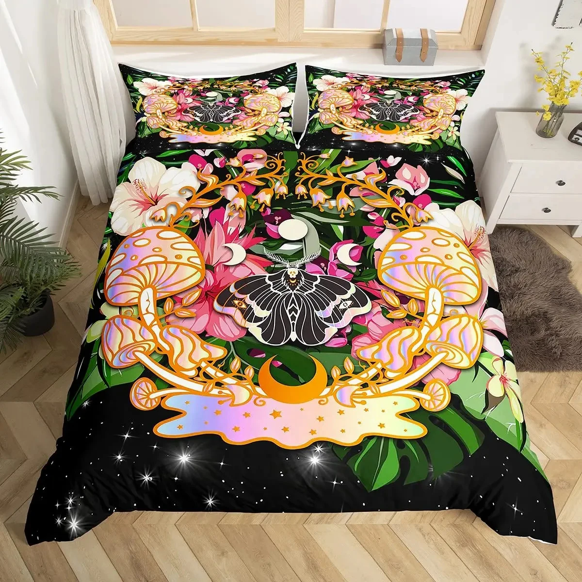 Moth Black Duvet Cover Bohemian Botanical Mushroom Bedding Set Starry Sky Comforter Cover Boho Rural Pastoral Style Quilt Cover