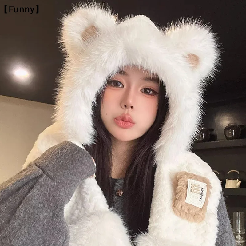 

뷰FunnyezioneСимпатичная плюшевая зимняя интегрированная шапка Шарф Ветрозащитная утолщенная шапка-бини Шарф Повседневная мягкая утеплитель для шеи Велоспорт