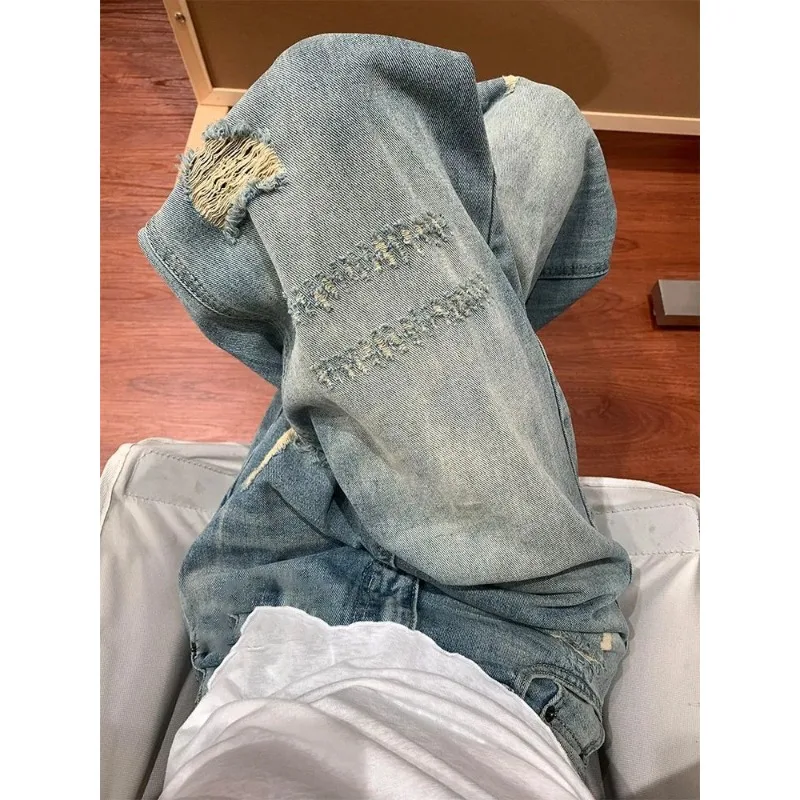 

Men's Distressed Ripped Wide Leg Jeans Vintage Washed Denim Pants Streetwear