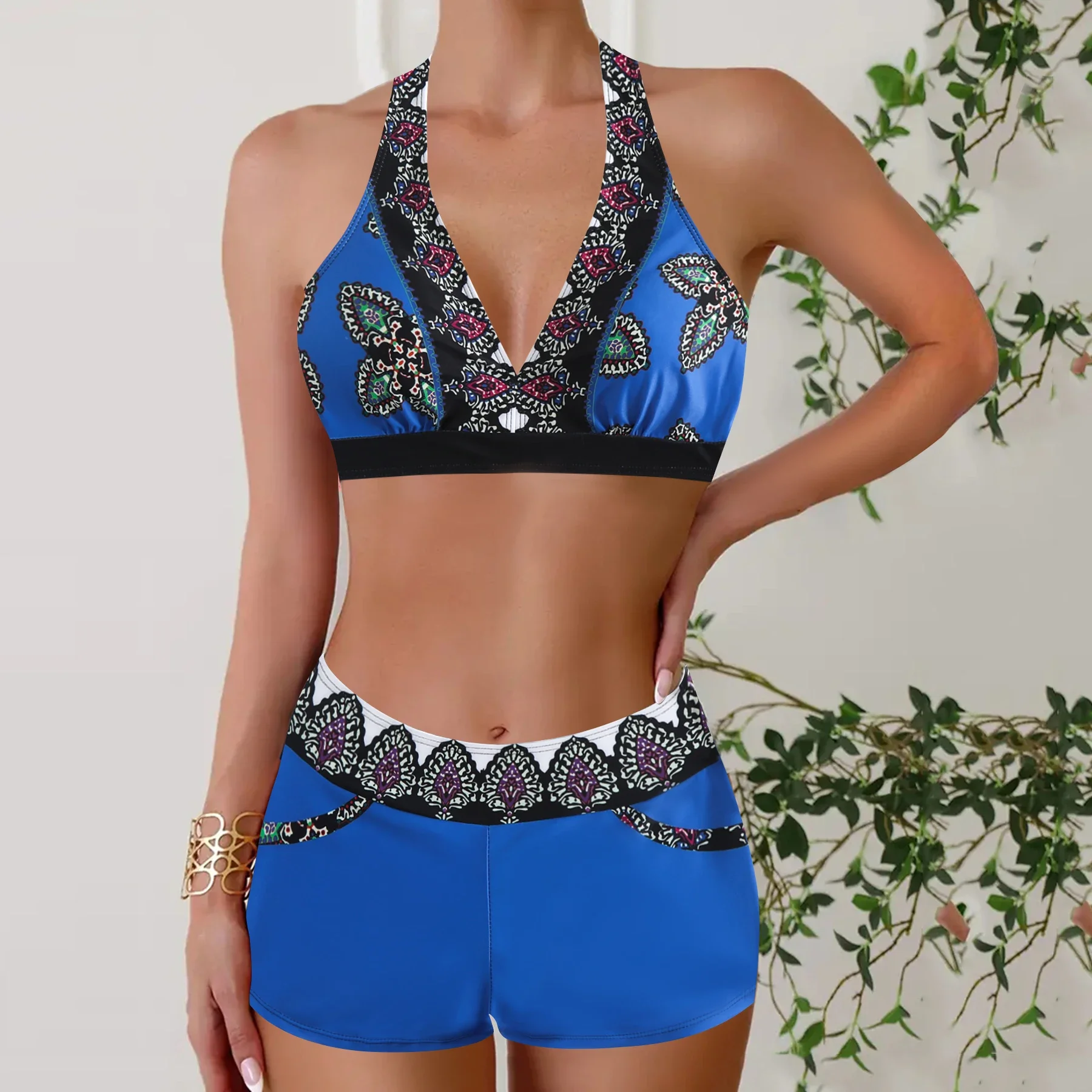 Set tankini con scollo a V con stampa floreale, costume da bagno bikini sexy estivo in due pezzi, costumi da bagno e abbigliamento da donna, costumi da bagno alla moda