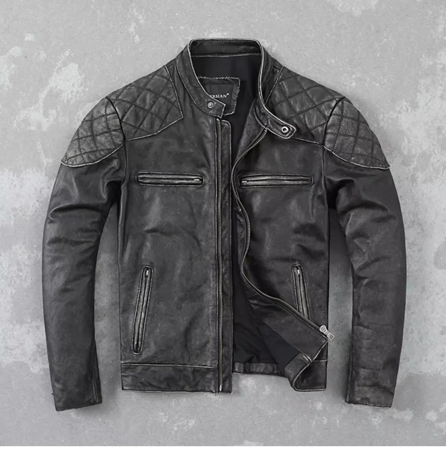 LNY Shop Best.Retro Brand motor biker real leather jacket.Mens gray cowhide coat.quality Vintage natural leather cloth.Cool