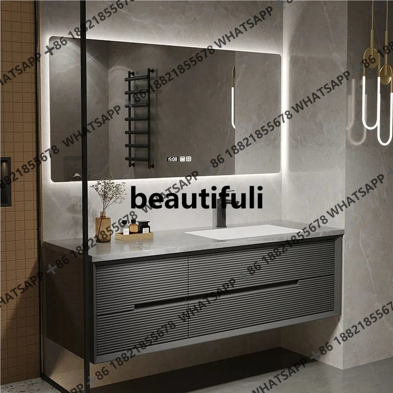 Modern Streamlined Look Sleek Bathroom Furniture Set With Intelligent Bathroom Vanity Seamless Stone Slab Ceramic Basin
