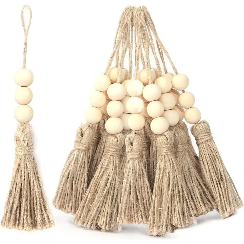 

ABZL 20 Pack Jute Rope Tassel With 3 Wood Beads, Hemprope Burlap Tassels DIY Craft Wood Beads For Wedding Home Party